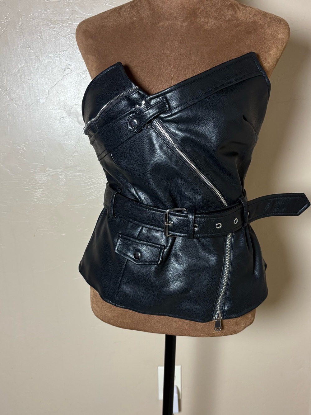 Zara Black Strapless Faux Leather Belted Corset Jacket